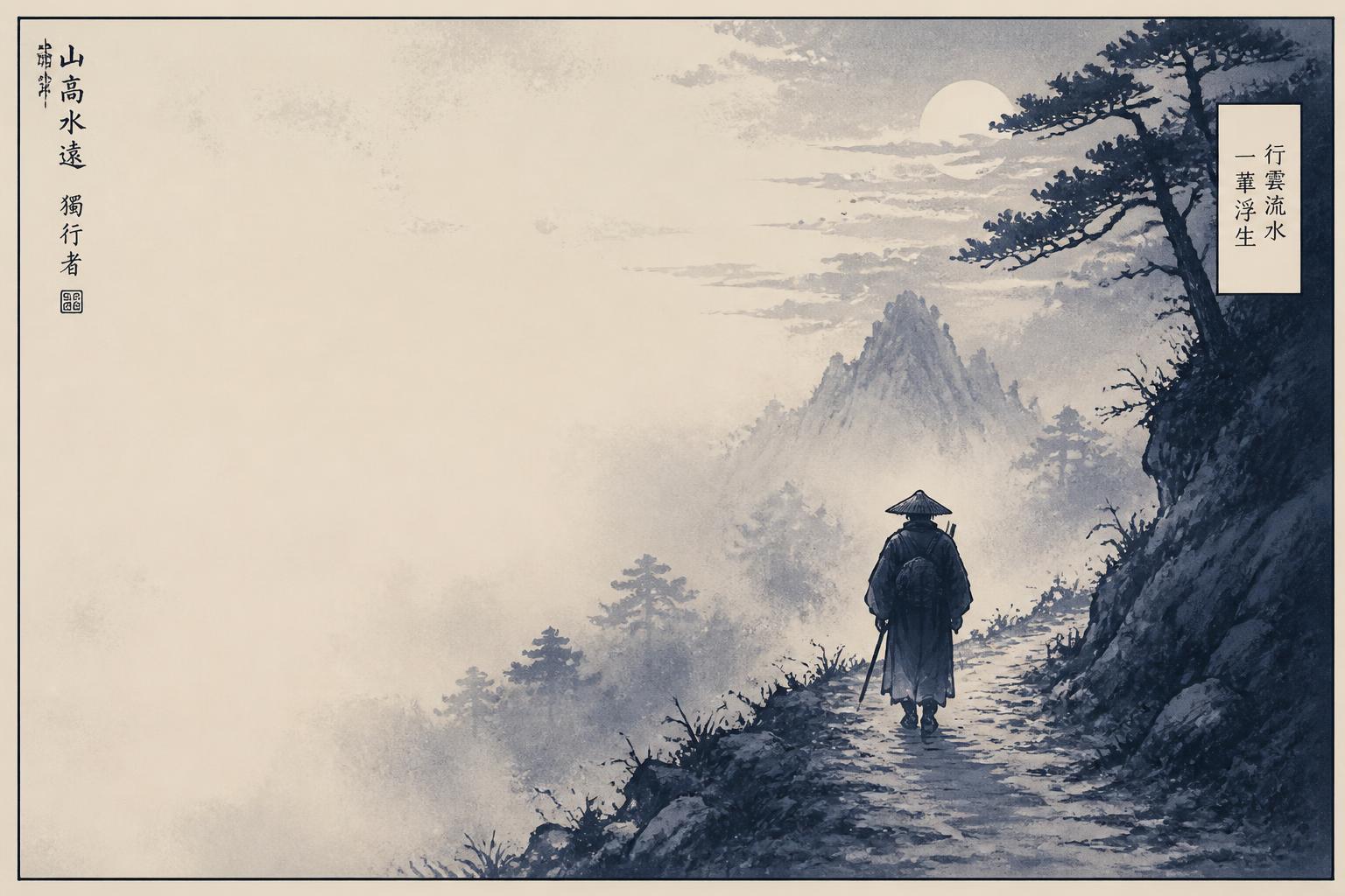 A monk walks a misty mountain path